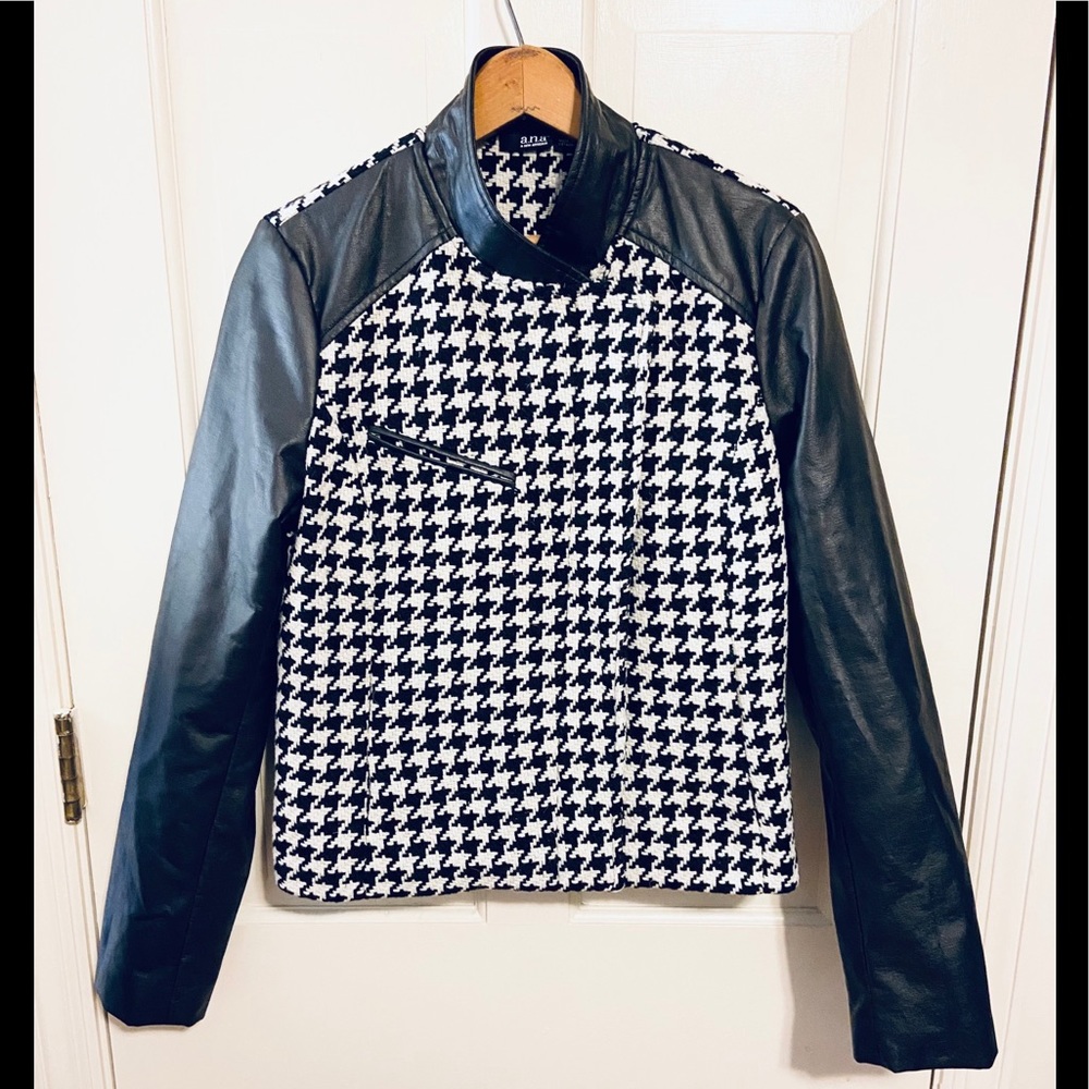 Ana black white houndstooth leather zip up jacket
